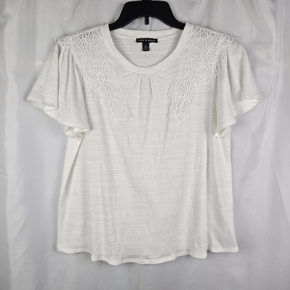 Cable & Gauge White Gauze Lace Flutter Sleeve Womens Blouse Top Size Large